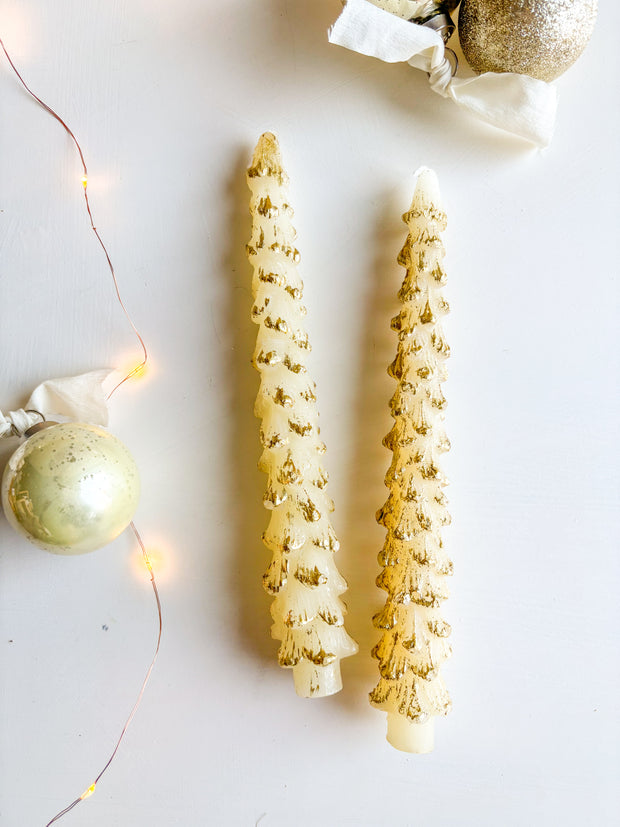 Eggnog Tree Taper Candles with Gold - Set of 2