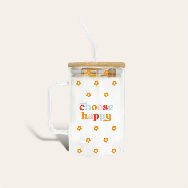Choose Happy Glass Cup with Handle