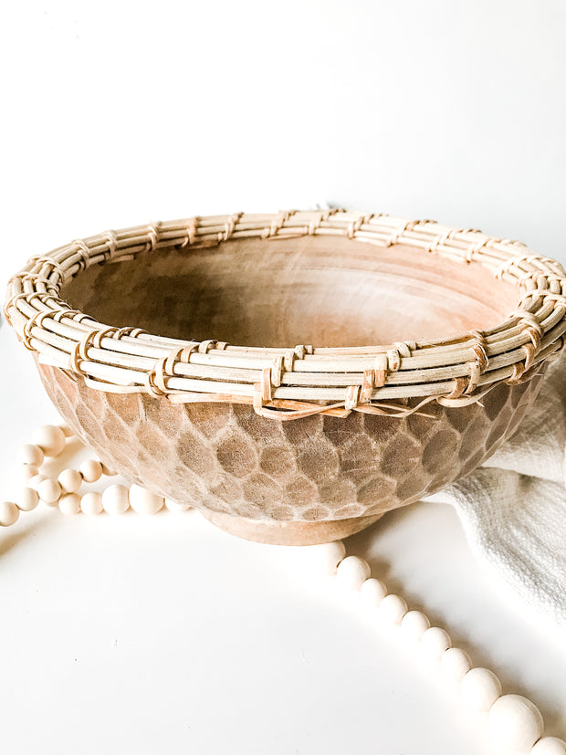 Hand Carved Mango & Rattan Bowl