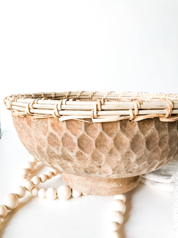 Hand Carved Mango & Rattan Bowl